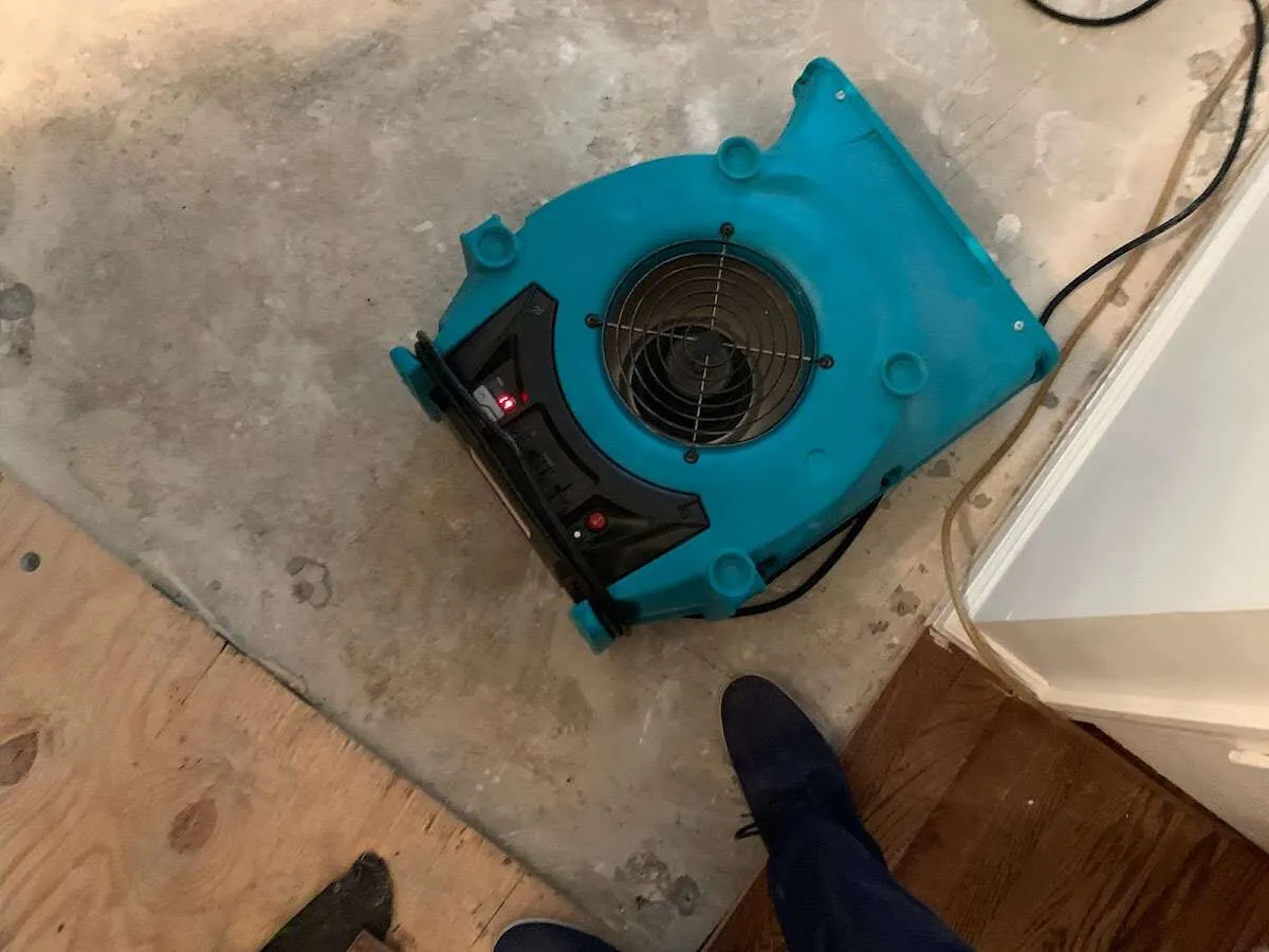Air mover drying subfloor during Leak Detection & Repair in New Brunswick